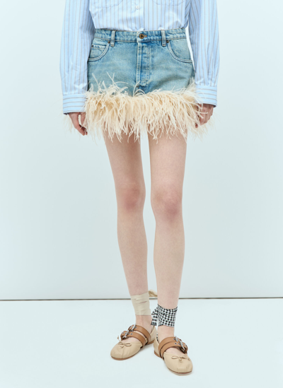 Miu Miu Feather-trimmed Denim Mini Skirt In Grey