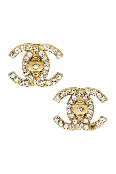 Pre-owned Chanel Coco Mark Rhinestone Earrings In Gold