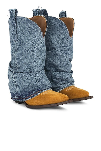 R13 Tan & Blue Low Rider Cowboy Denim Boots