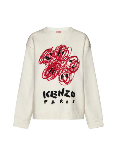Kenzo Drawn Varsity Embroidered Knitted Jumper In White