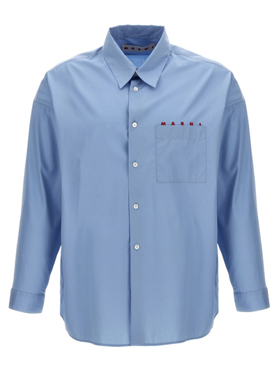 Marni Logo Cotton Poplin Shirt In Blue