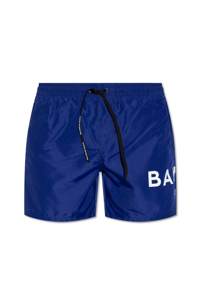 Balmain Logo印花泳裤 In Blue