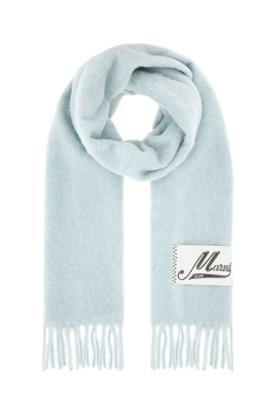 Marni Logo Patch Fringed Scarf In Blue