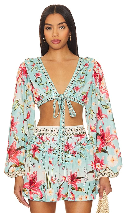 Agua Bendita X Revolve Klemen Tie Front Blouse In Aqua Floral