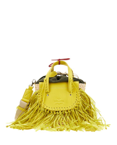 Cuba Lab Habanera Straw And Leather Handbag With Applied Fringes In Yellow