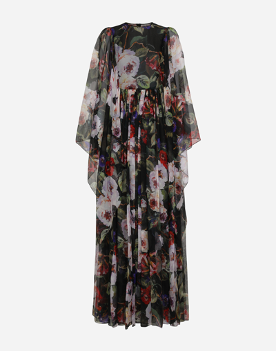 Dolce & Gabbana Long Chiffon Dress With Rose Garden Print