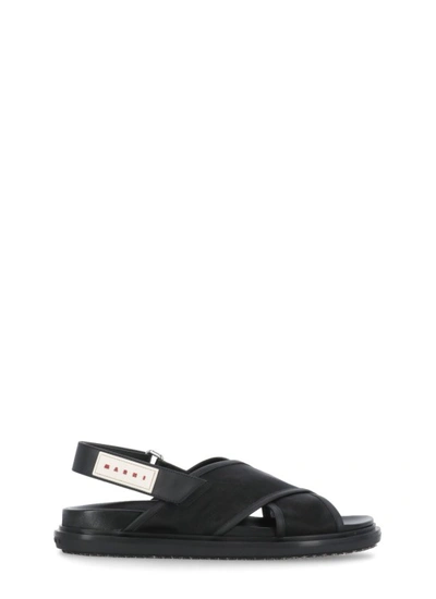 MARNI BLACK LEATHER AND TECH FABRIC SANDALS