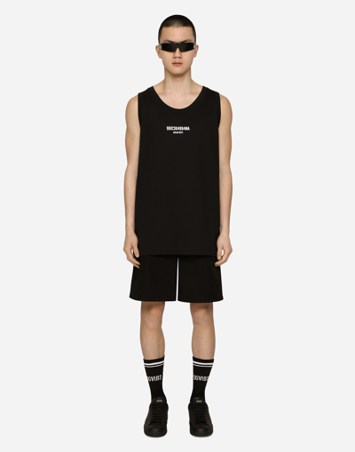 Dolce & Gabbana Printed Cotton Jersey Singlet With Dg Vib3 Patch In Black