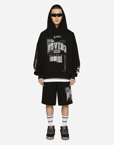 Dolce & Gabbana Jersey Hoodie With Dg Vib3 Print In Black
