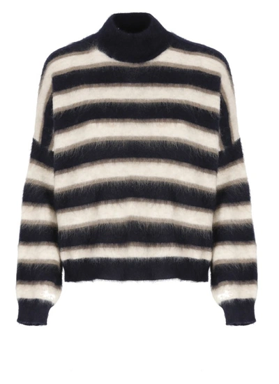 Brunello Cucinelli Long-sleeved Turtleneck Sweater With Special Striped Pattern In Soft Mohair, Wool And Cashmere Yarn In Black