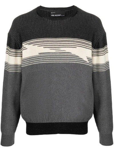 Neil Barrett Multicolor Thunderbolt Intarsia Sweater In Grey