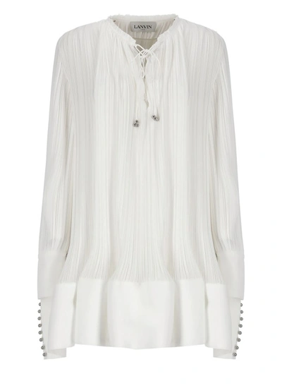 Lanvin Drop Shoulder Pleated Mini Dress In White