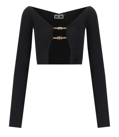 Elisabetta Franchi Black Cropped Cardigan With Logo Detail