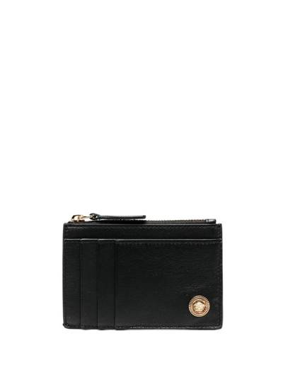 Versace Zip Leather Card Holder In Black