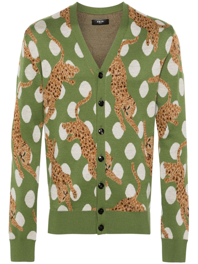 Amiri Leopard Crystal Wool Cardigan In Green