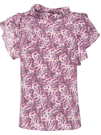 Isabel Marant Valency Feather-print Asymmetric Flutter-sleeve Silk Blouse In Purple