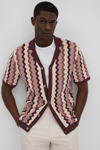Reiss Summer Pointelle Zigzag Stripe Knit Button-up Shirt In Rose Multi