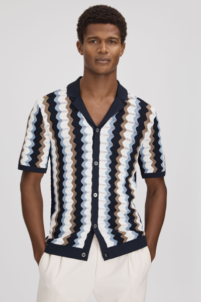 Reiss Waves - Blue Multi Knitted Cuban Collar Shirt, S