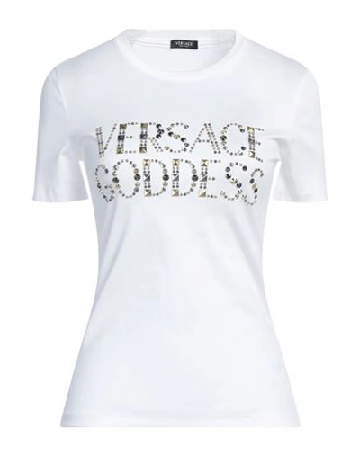 Versace Woman T-shirt White Size 6 Cotton, Metal, Glass