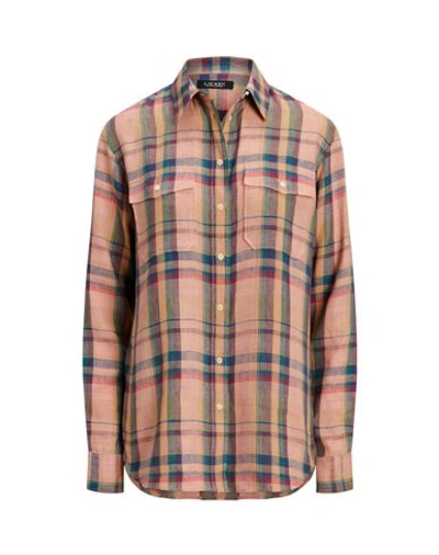 Ralph Lauren Lauren  Checked Plaid Linen Shirt Woman Shirt Pastel Pink Size Xl Linen