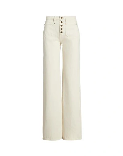 Lauren Ralph Lauren High-rise Wide-leg Jean Woman Denim Pants Ivory Size 10 Cotton In White