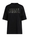 Versace Woman T-shirt Black Size 6 Cotton, Metal, Glass