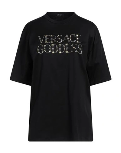 Versace Woman T-shirt Black Size 6 Cotton, Metal, Glass