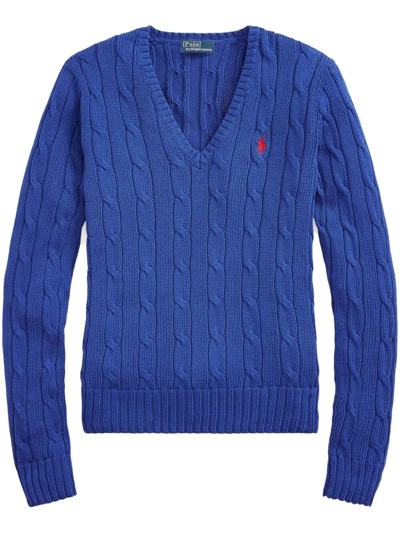 Polo Ralph Lauren V Neck Braided Sweater In Blue