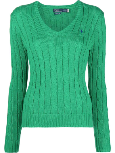 Polo Ralph Lauren V Neck Braided Sweater In Green
