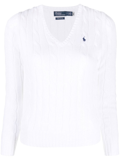 Polo Ralph Lauren V Neck Braided Sweater In White