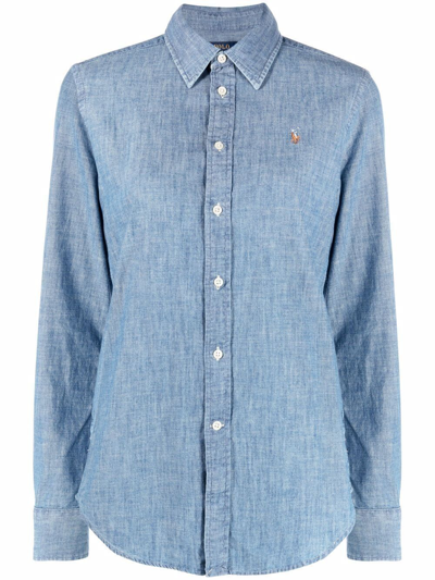 Polo Ralph Lauren Logo Embroidered Long-sleeved Shirt  In Blue