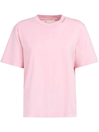 Marni Logo-embroidered Cotton T-shirt In Pink & Purple