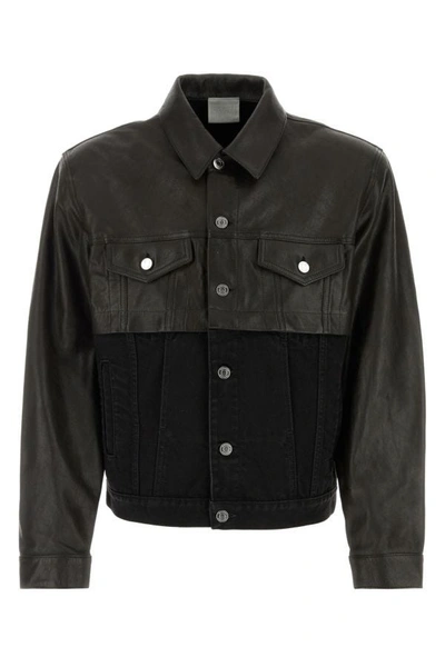 Vtmnts Contrasting Leather-block Denim Jacket In Black