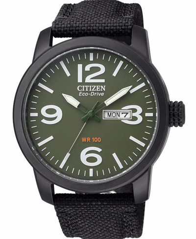 Pre-owned Citizen Eco Drive Military Black Nylon Strap Men's Watch Bm8475-00x