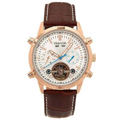 Pre-owned Heritor Automatic Wilhelm Semi-skeleton Leather Watch W/day/date-brown/rose Gold