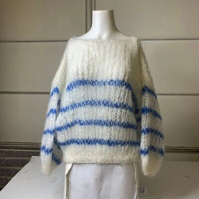 Pre-owned Maiami Mohair Big Sweater Women's Size S/m Breton Stripe Cream/blue In Multicolor