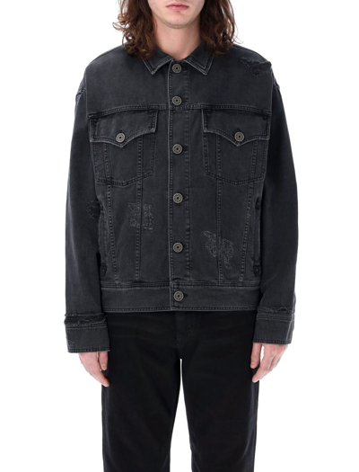 Balmain Worn-effect Denim Jacket In Faded Black