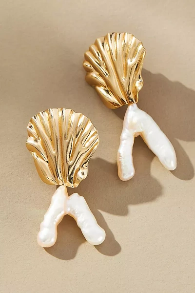 By Anthropologie Seashell Pearl Drop Earrings In Gold