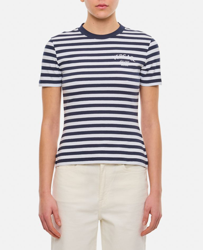 Versace Logo-embroidered Striped T-shirt In Blue