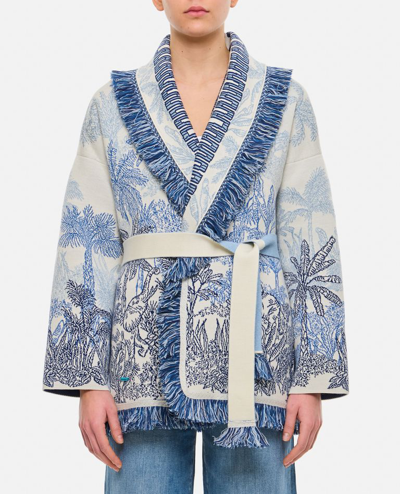 Alanui Jungle Toile De Jouy Fringe Belted Wool Cardigan In White