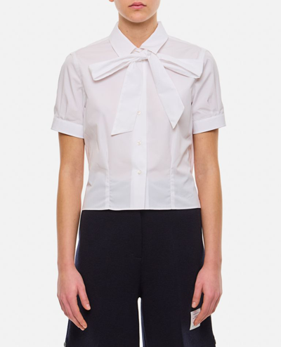 Thom Browne Short Sleeve Tucked Blouse W/ Bow In White
