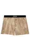 Tom Ford Velvet-trimmed Stretch-silk Satin Boxer Shorts In Beige
