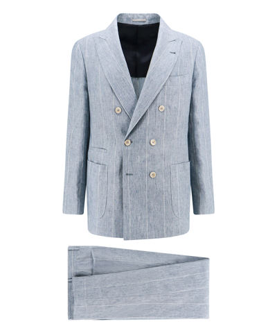 Brunello Cucinelli Striped Linen Suit In Blue