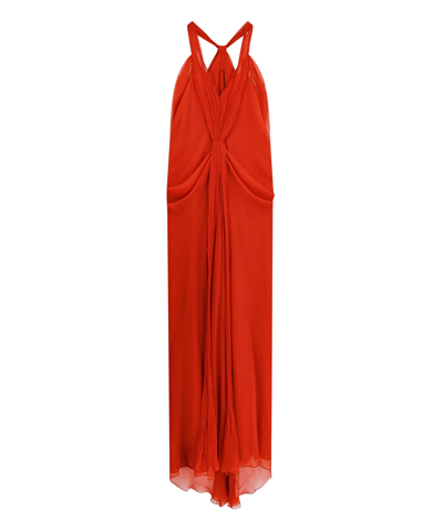 Alberta Ferretti Draped Silk Chiffon Long Dress In 벽돌색