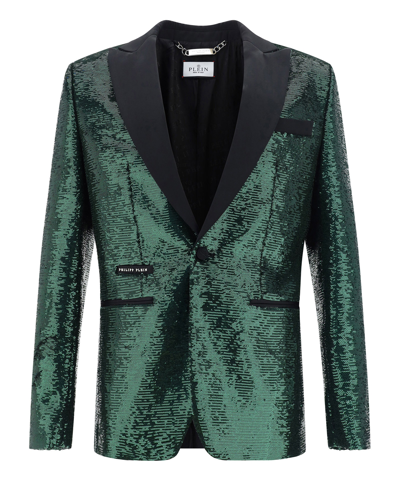 Philipp Plein 亮片设计单排扣西装夹克 In Green