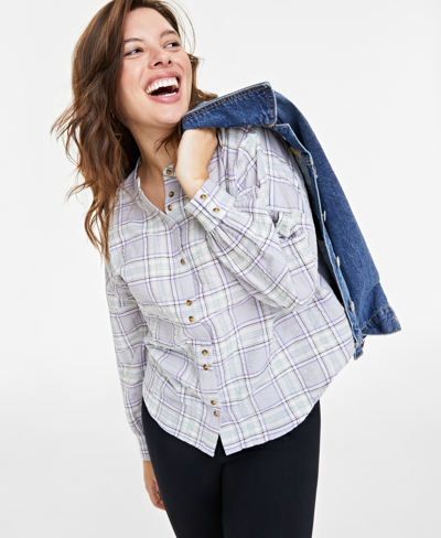 On 34th Women's Plaid Pleated-sleeve Shirt, Created For Macy's In Blue White Cmb