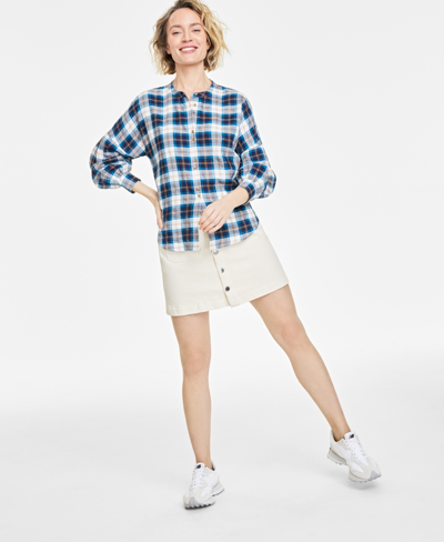 On 34th Women's Plaid Pleated-sleeve Shirt, Created For Macy's In Yellw Lagon Cmb