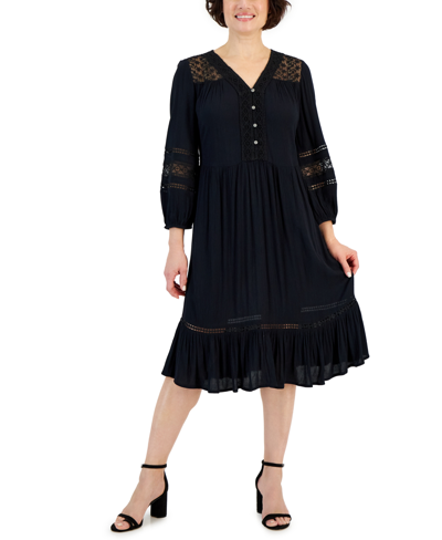 Style & Co Women's Lace-trim Dress, Created For Macy's In Deep Black