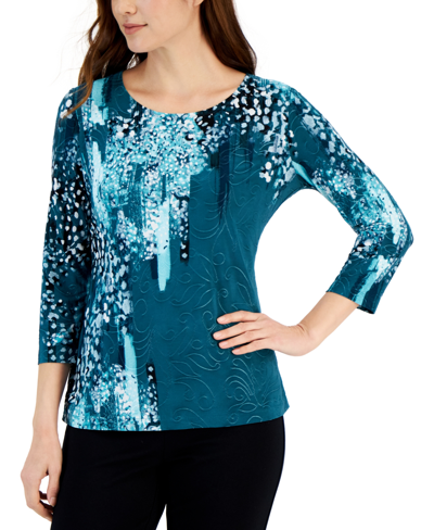 Jm Collection Petite Painted Jacquard 3/4-sleeve Top, Created For Macy's In Teal Evergreen Combo