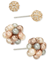 CHARTER CLUB GOLD-TONE 2-PC. SET PAVE FIREBALL & TONAL IMITATION PEARL CLUSTER STUD EARRINGS, CREATED FOR MACY'S